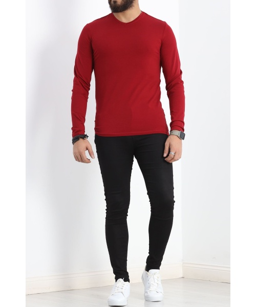 Uzun Kollu V Yaka Erkek Sweatshirt Bordo