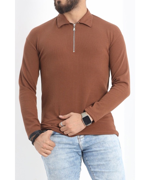 Polo Yaka Fermuarlı Erkek Sweatshirt Kahve