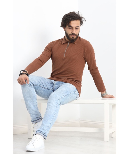 Polo Yaka Fermuarlı Erkek Sweatshirt Kahve