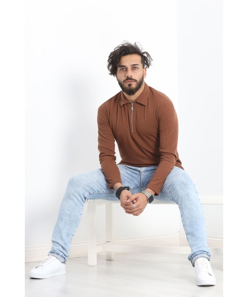 Polo Yaka Fermuarlı Erkek Sweatshirt Kahve