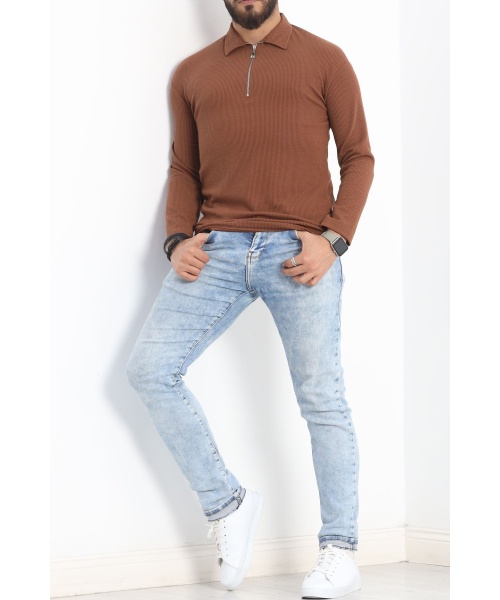 Polo Yaka Fermuarlı Erkek Sweatshirt Kahve