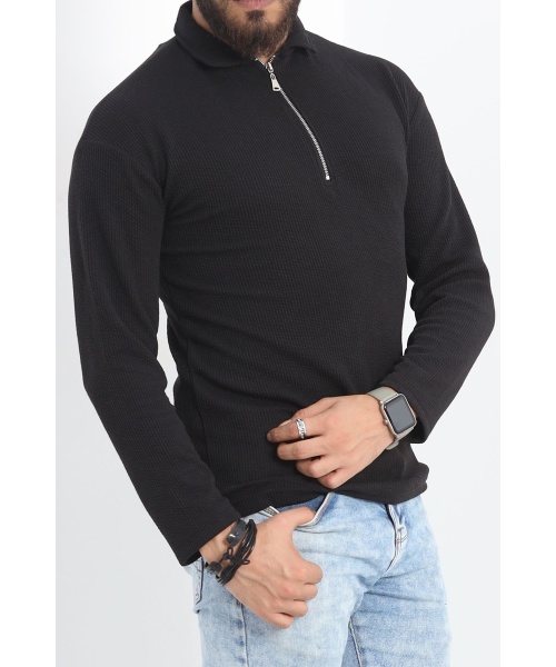 Polo Yaka Fermuarlı Erkek Sweatshirt Siyah