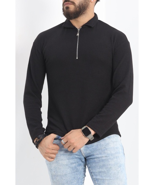 Polo Yaka Fermuarlı Erkek Sweatshirt Siyah