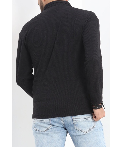 Polo Yaka Fermuarlı Erkek Sweatshirt Siyah