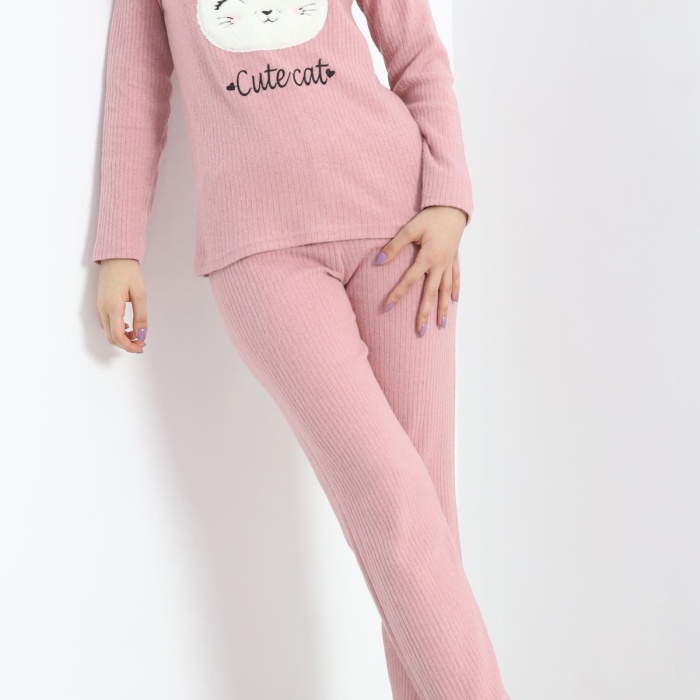 Nakışlı Fitilli Pijama Takımı Pembe