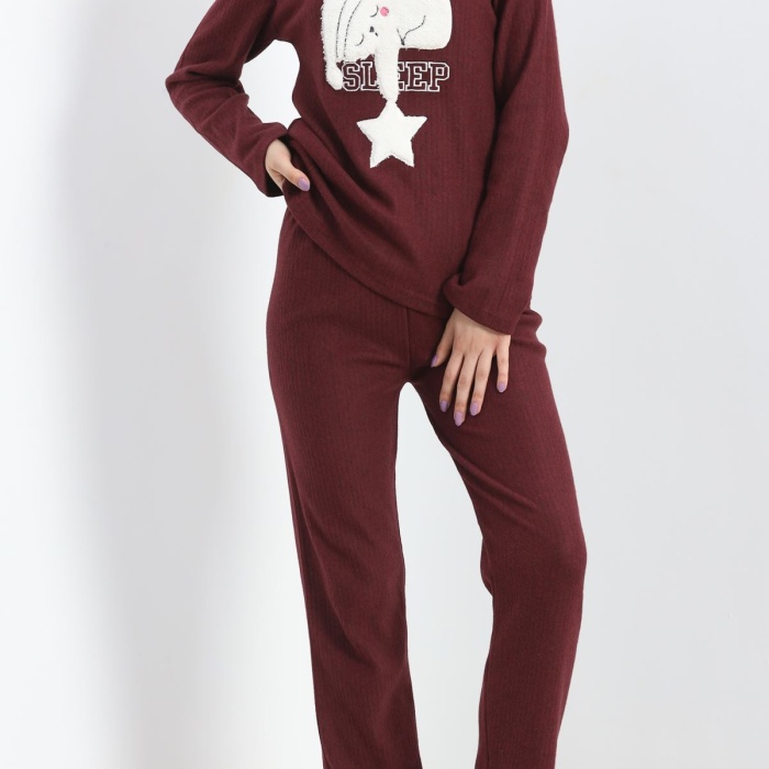 Nakışlı Fitilli Pijama Takımı Bordo