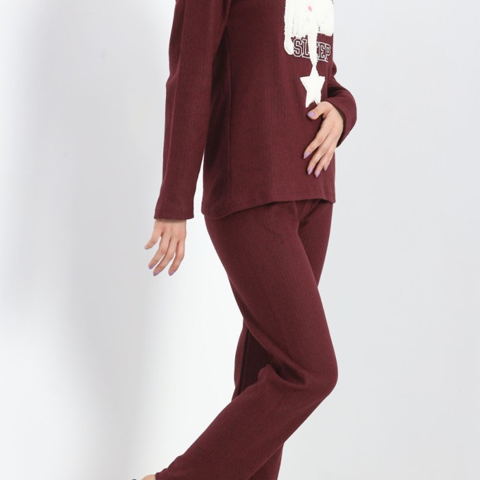 Nakışlı Fitilli Pijama Takımı Bordo