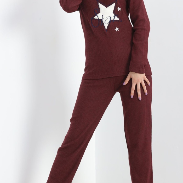 Nakışlı Fitilli Pijama Takımı Bordo1