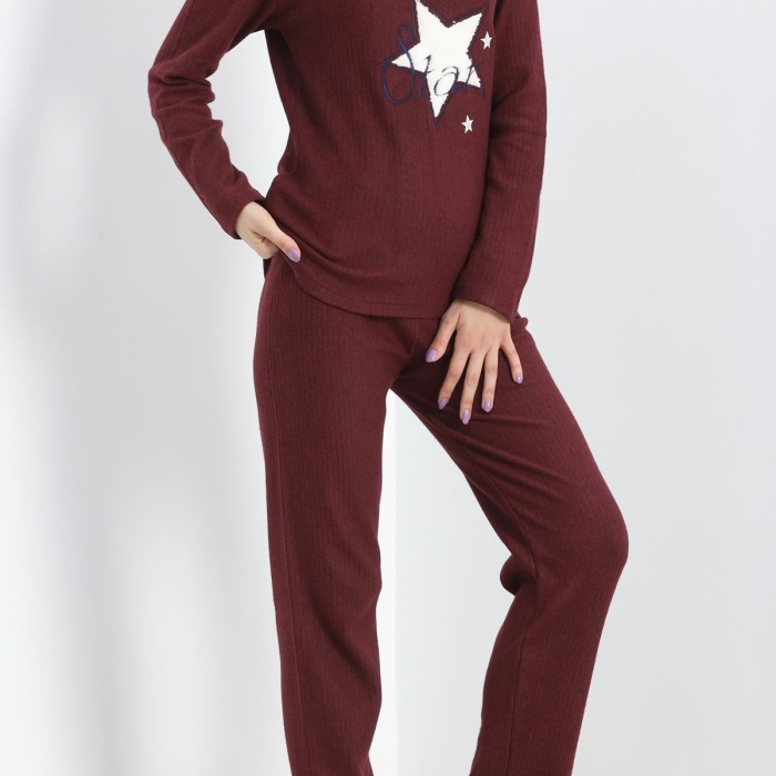 Nakışlı Fitilli Pijama Takımı Bordo1