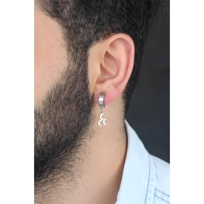 Silver Renk Kaplama 3 Hilal Figürlü Çelik Kıstırmalı Erkek Küpe