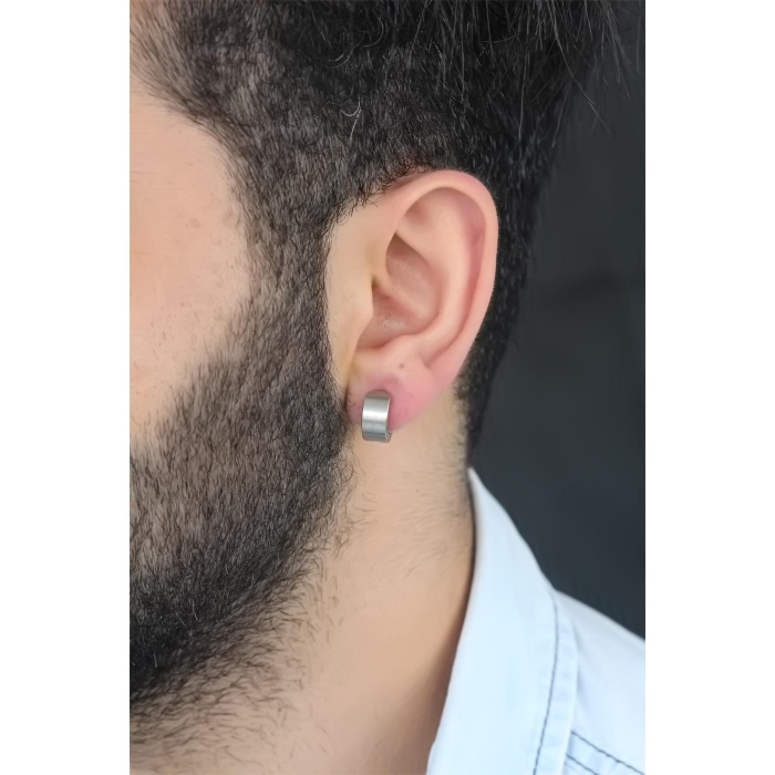 Silver Renk Kaplama Halka Kıstırmalı Çelik Erkek Küpe