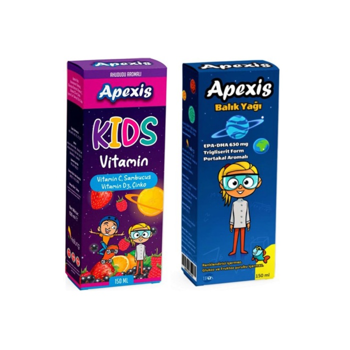 Apexis Kids Vitamin C Sambucus D3 Çinko İçeren Şurup 150 ml + Apexis Balık Yağı Şurup 150 ml