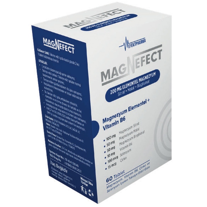 Magnefect 200 mg Elementel Magnezyum + Vitamin B6 60 Tablet