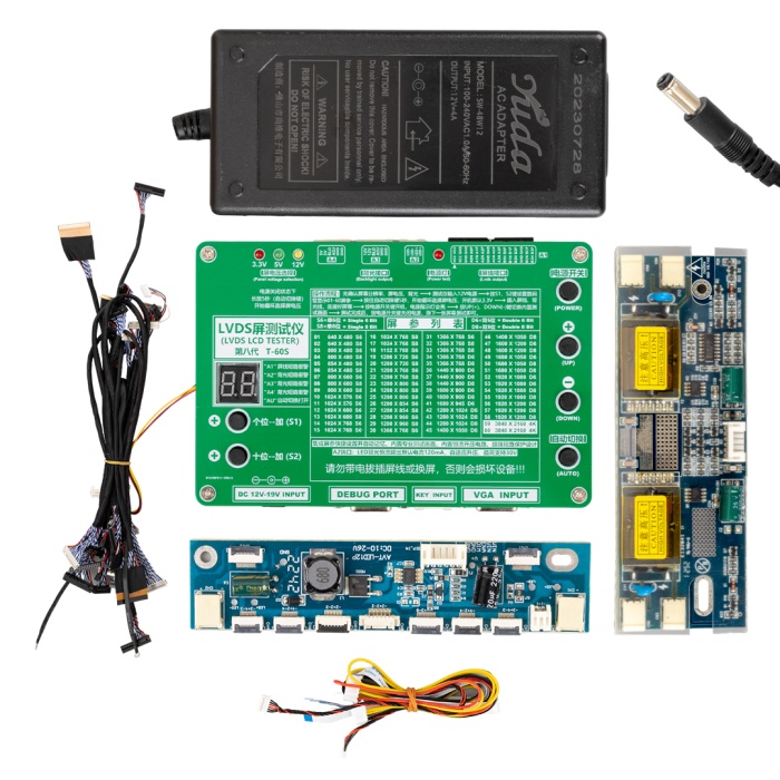 LVDS LCD TESTER T-60S LCD/LED TV PANEL TEST CİHAZI + 14 PARÇA KABLO +2 PARÇA INVERTER + ADAPTÖR (4434)