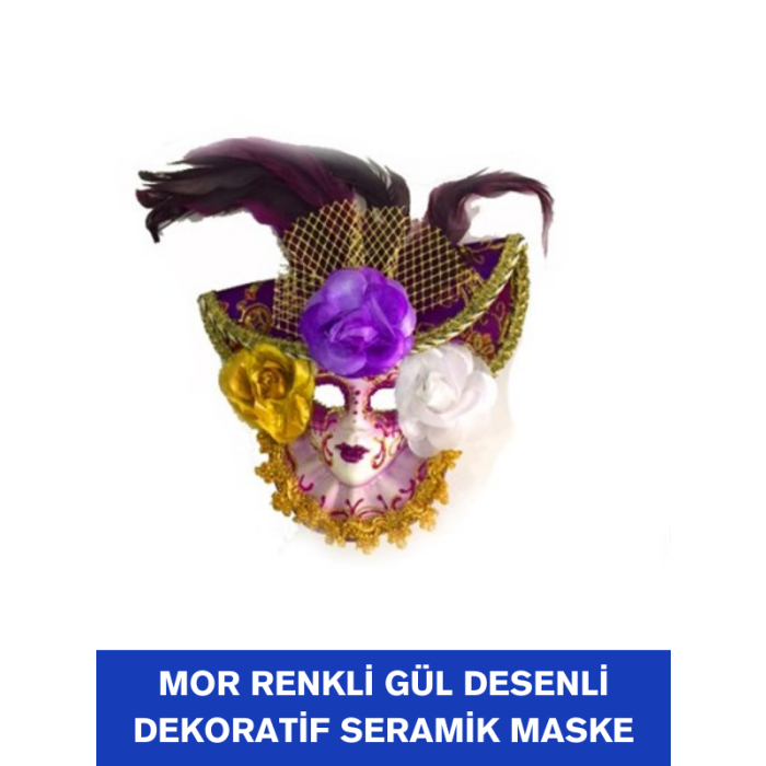 Mor Renkli Gül Desenli Dekoratif Seramik Maske