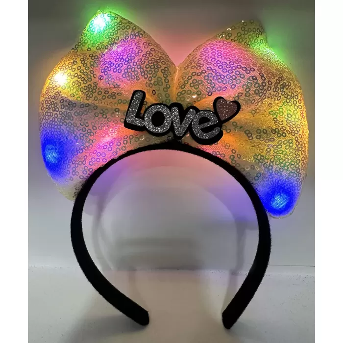 Led Işıklı 3 Farklı Fonksiyonda Yanan Gümüş Love Yazılı Sarı Fiyonk Taç 20X17 cm (4434)