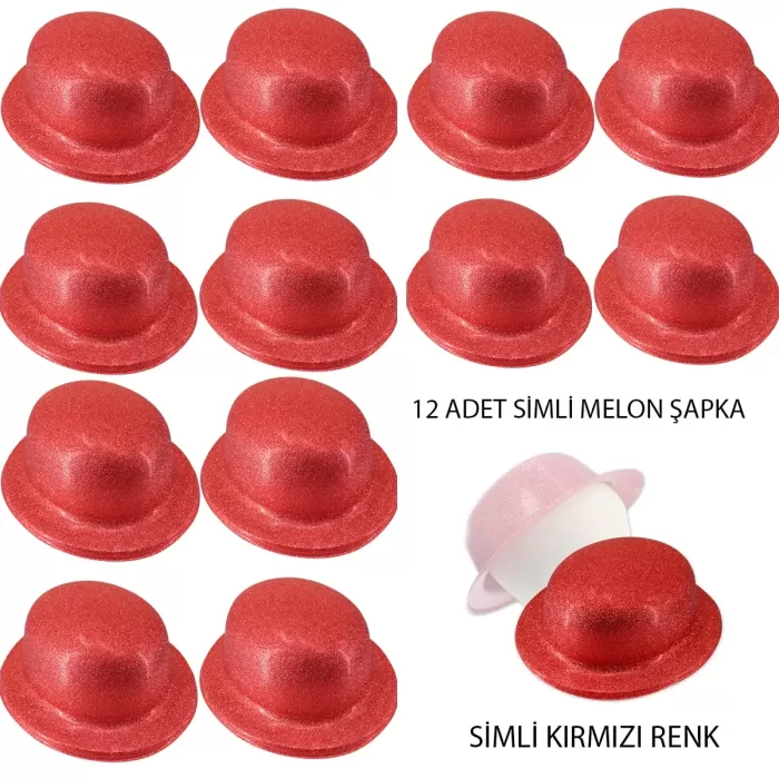 Kırmızı Renk Simli Melon Yuvarlak Parti Şapkası 12 Adet (4434)