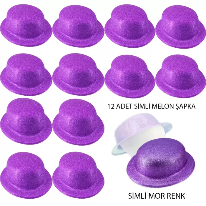 Mor Renk Simli Melon Yuvarlak Parti Şapkası 12 Adet (4434)