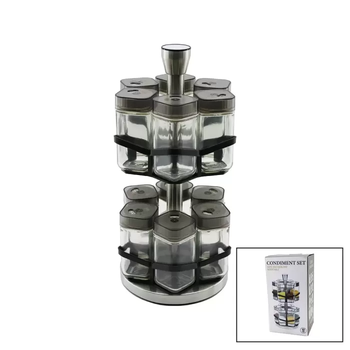 12PCS   KARE  CAM - PLASTİK KAPAK TUZLUK - BAHARATLIK  DÖNER STANDLI (4434)