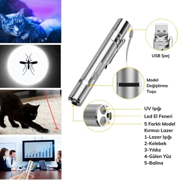 Usb İle Şarj Edilebilen 3In 1 Kırmızı Işık +Beyaz Led Meşale Işık + Uv El Feneri Kedi Lazeri (4434)