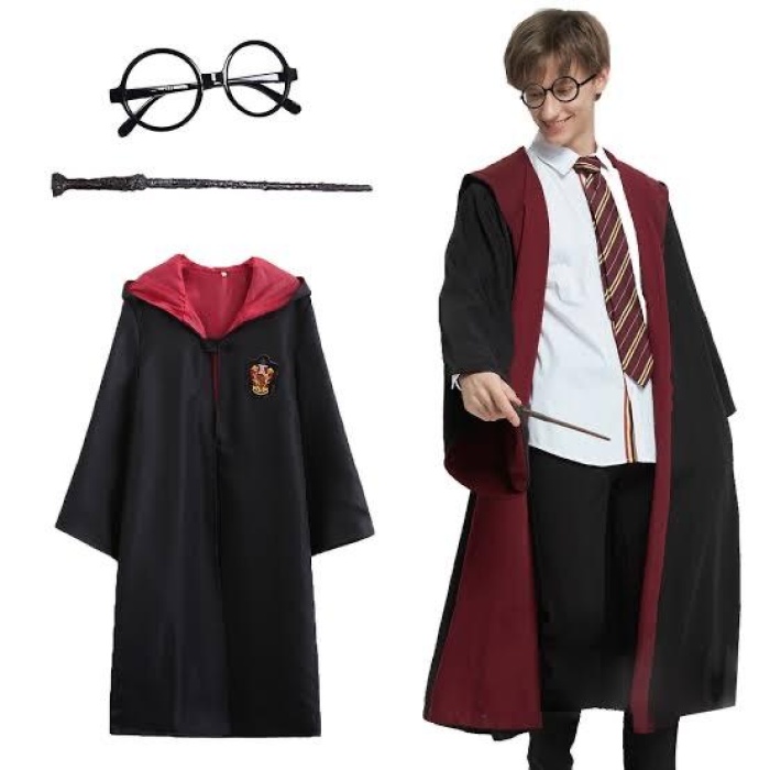 Harry Potter Gryffindor Kapişonlu Çocuk Kostüm + Asa + Gözlük Seti 11-12 Yaş (4434)