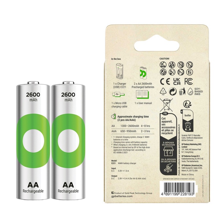 GP RECYKO E221 2 X 2600 MAH R6 AA PİLLİ PİL ŞARJ CİHAZI (GP-E221/270AHCER21-2GTLB2) (4434)