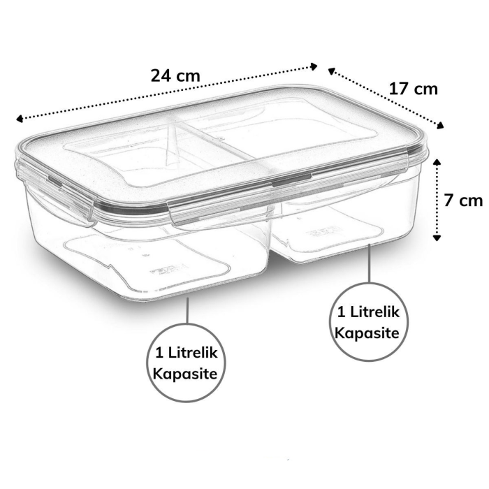 2 Bölmeli 1+1 Litre Kilitli Kapaklı Erzak Saklama Kabı LC-525 (4434)