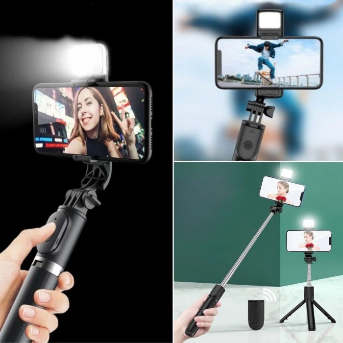 Kendiliğinden Işıklı Masaüstü Tripod Olabilen Telefon Tutuculu Kablosuz Kumandalı Selfie Çubuğu (4434)