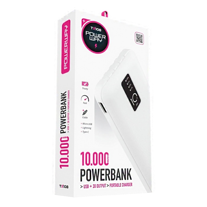 POWERWAY TX108 10000 MAH SİYAH GÖSTERGELİ EKSTRA KABLOLU 4 ÇIKIŞLI POWERBANK (4434)