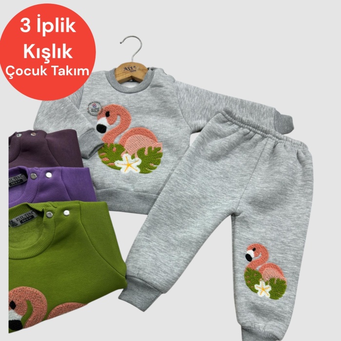 3 İplik Flamingo Baskılı Kışlık Kız Çocuk Takım