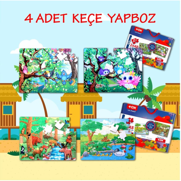 4 Set - 96 Parça  Orman ve Baykuş 5+ Keçe Yapboz - 5 Yaş Puzzle