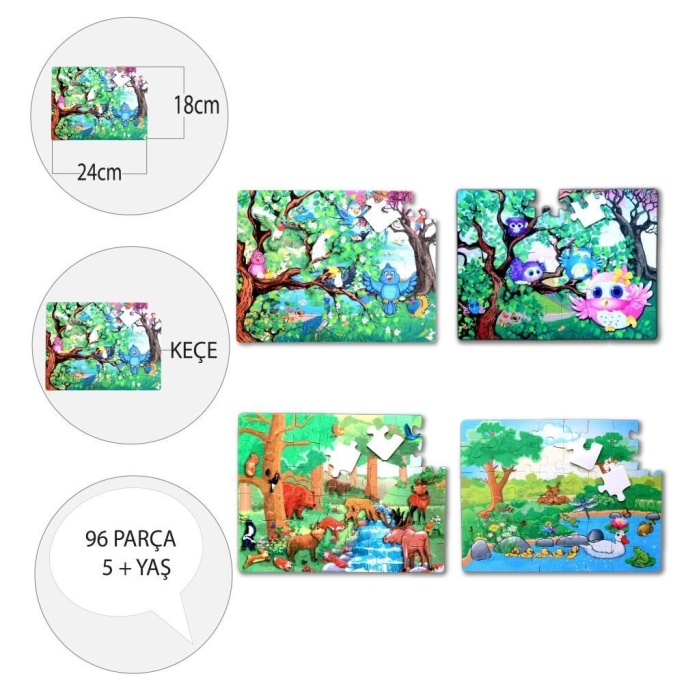 4 Set - 96 Parça  Orman ve Baykuş 5+ Keçe Yapboz - 5 Yaş Puzzle