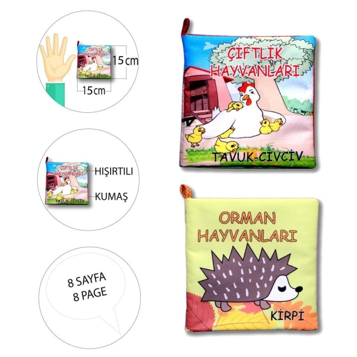 2 Kitap  Çiftlik Hayvanlar ve Orman Hayvanları Kumaş Sessiz Kitap