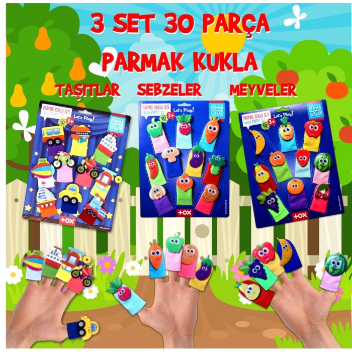 3 Set - 30 Parça  Taşıtlar, Meyveler ve Sebzeler Parmak Kukla