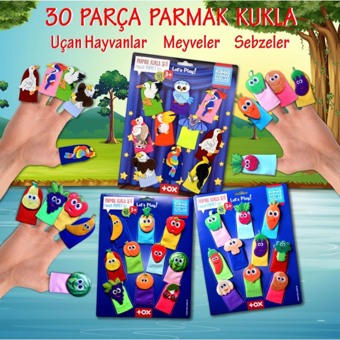 3 Set - 30 Parça  Meyveler, Sebzeler ve Uçan Hayvanlar Parmak Kukla