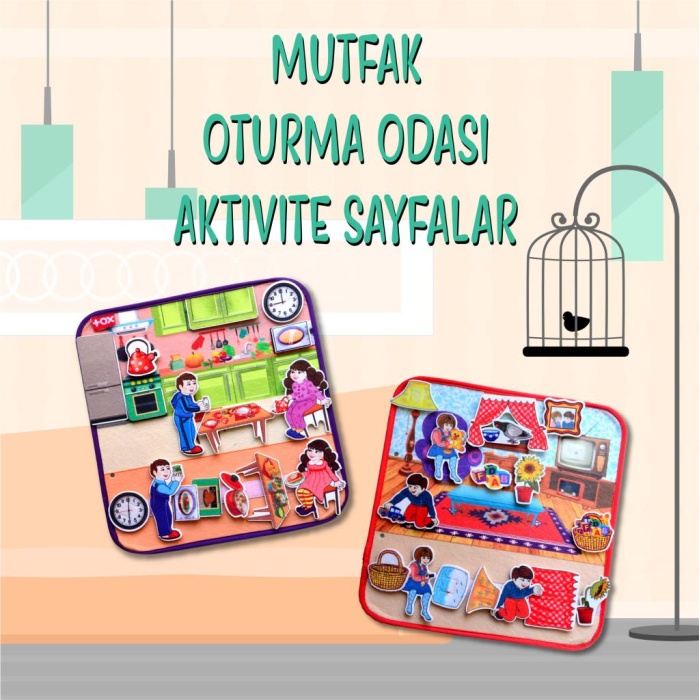 2 Set - 30 Parça Oturma Odası ve Mutfak Keçe Cırtlı Aktivite Sayfası - Çocuk Etkinlik , Eğitici Oyuncak