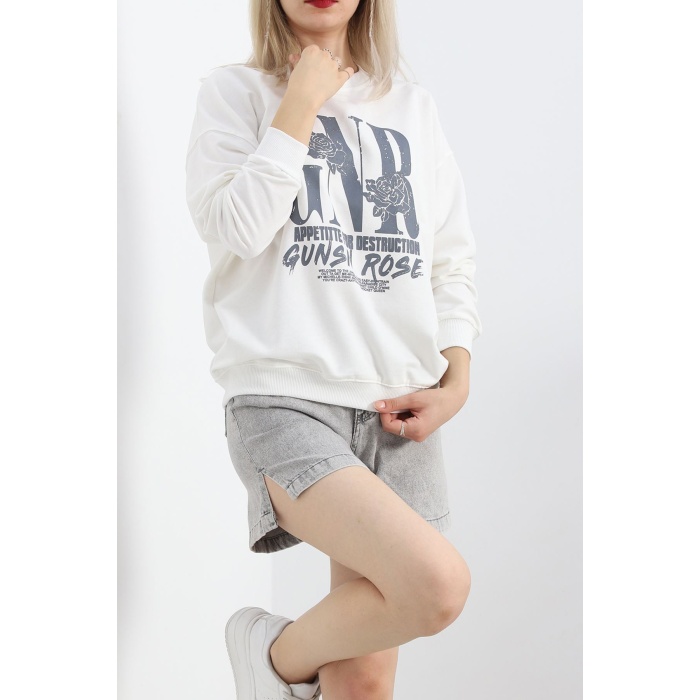 Baskılı İki İplik Oversize Sweat Ekru