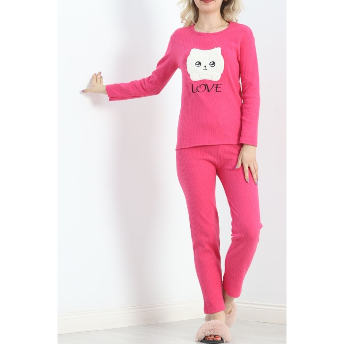 Nakışlı Fitilli Pijama Takımı Fuşya