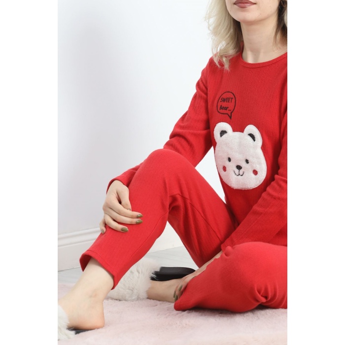 Nakışlı Fitilli Pijama Takımı Kırmızı