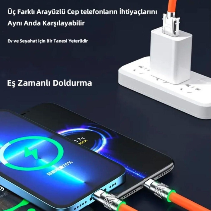 3 in 1 Type-C + Micro Usb + Lightning Hızlı Şarj Kablosu Silikon Kablo 1 Metre Opp Ambalaj (4767) - Lisinya