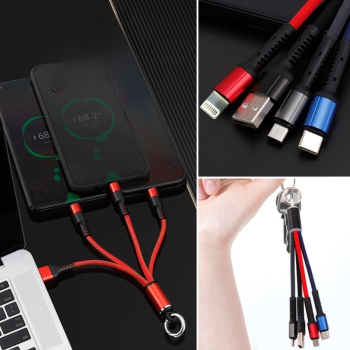 Işıklı Anahtarlık Model 3 in 1 USB Çıkışlı MİKRO,TYPE-C ve İphone Uyumlu Şarj Kablosu (4767) - Lisinya