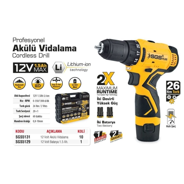 SGS 5131 Akülü Vidalama 12 Volt 1,5 Ah