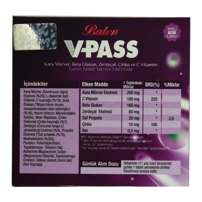 V-Pass Kara Mürverli Zerdeçallı Çinko ve C Vitaminli 1000 Mg X 30 Tablet