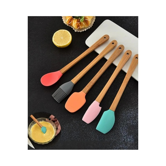 5&#39;li Renkli Ahşap Saplı Silikon Uçlu Spatula Fırçalı Kaşık Seti -Yemek Hazırlık Seti 21 Cm