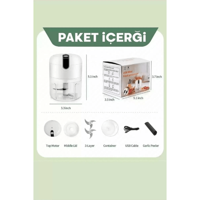 Pratik Mini El Rondosu Şarjlı Çelik 3 Bıçaklı 250 Ml Mutfak Robotu Hazneli Rondo Sebze Et Doğrayıcı Rende ( Lisinya )