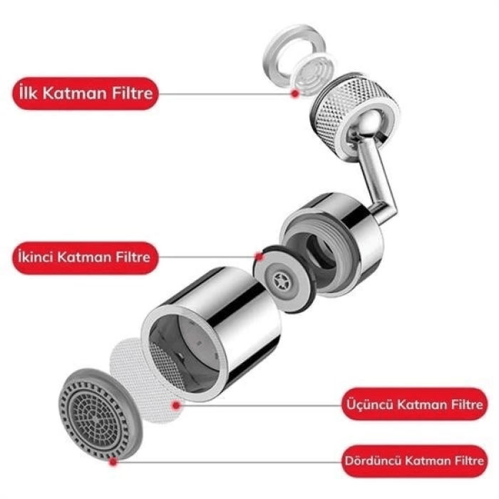 720 Derece Dönebilen 4 Filtreli Tüm Musluk Tipleri İle Uyumlu Montaj Aparatlı Musluk Başlık ( Lisinya )