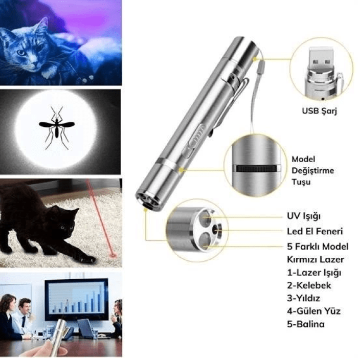 Usb İle Şarj Edilebilen 3ın 1 Kırmızı Işık +beyaz Led Meşale Işık + Uv El Feneri Kedi Lazeri ( Lisinya )