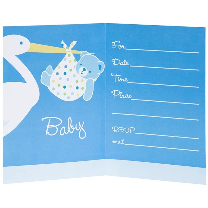 Baby Boy Stork Temalı Mavi Renk Baby Shower Davetiye 8 Adet (4767) - Lisinya