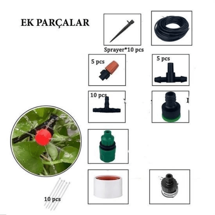 10 Metre Bahçe Damlama Sulama Sistemi Seti Hortum Ve Ek Parçaları ( Lisinya )