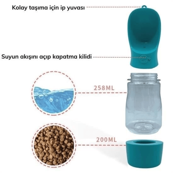 Taşınabilir Mama Hazneli Evcil Hayvan Suluğu Seyahat Kabı Kilitlenebilen Su Sızdırmaz 380ml ( Lisinya )